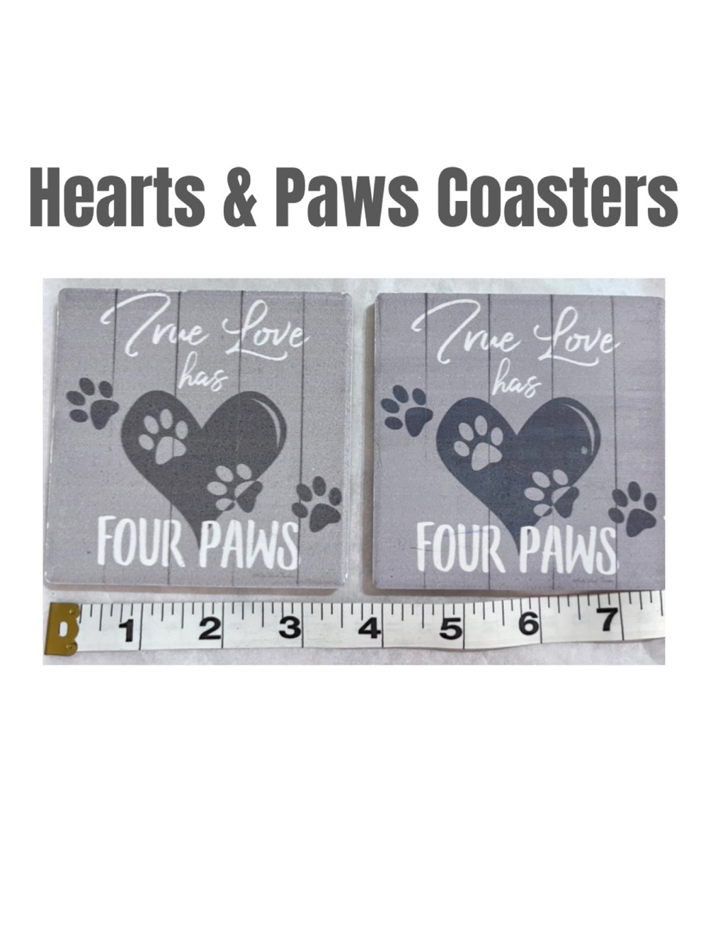 Ceramic Coasters Hearts & Paw Prints "True Love Has Four Paws" Pet Decor Gray